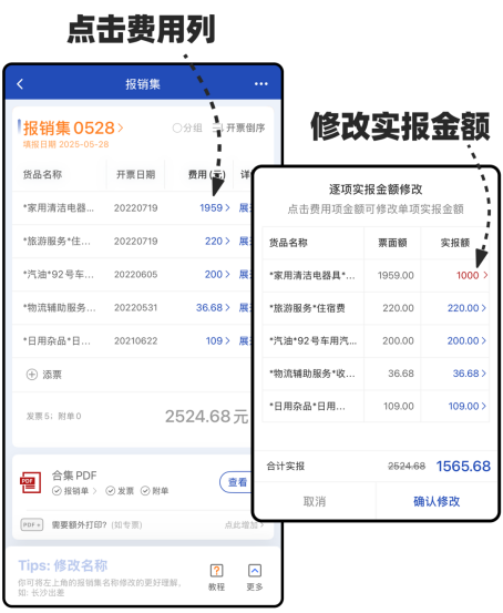 进入逐项实报金额修改页示意图