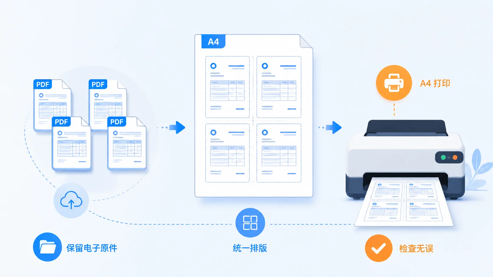 多张发票合并打印到 A4 纸的示意图